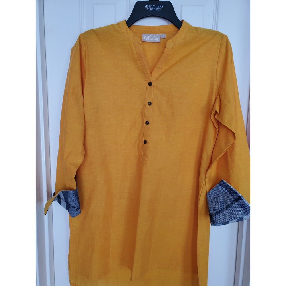 Utsa Kurta Tunic Mustard‎ Yellow Cotton Plaid Cuffs Boho Casual Shirt S